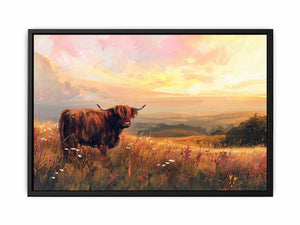 Highland cow in wildflower meadow with warm sunset hills for rustic farmhouse wall decor.