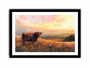 Highland cow in wildflower meadow with warm sunset hills for rustic farmhouse wall decor.