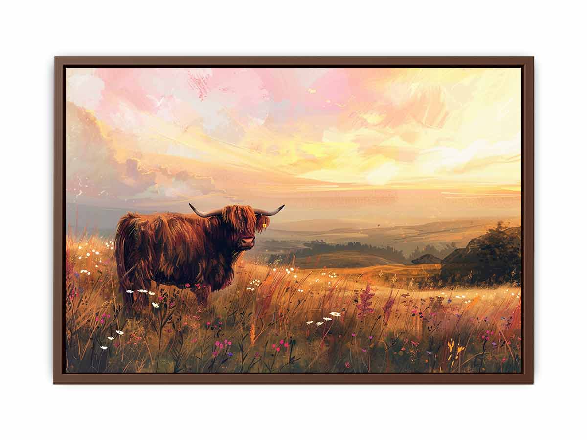 Highland cow in wildflower meadow with warm sunset hills for rustic farmhouse wall decor.