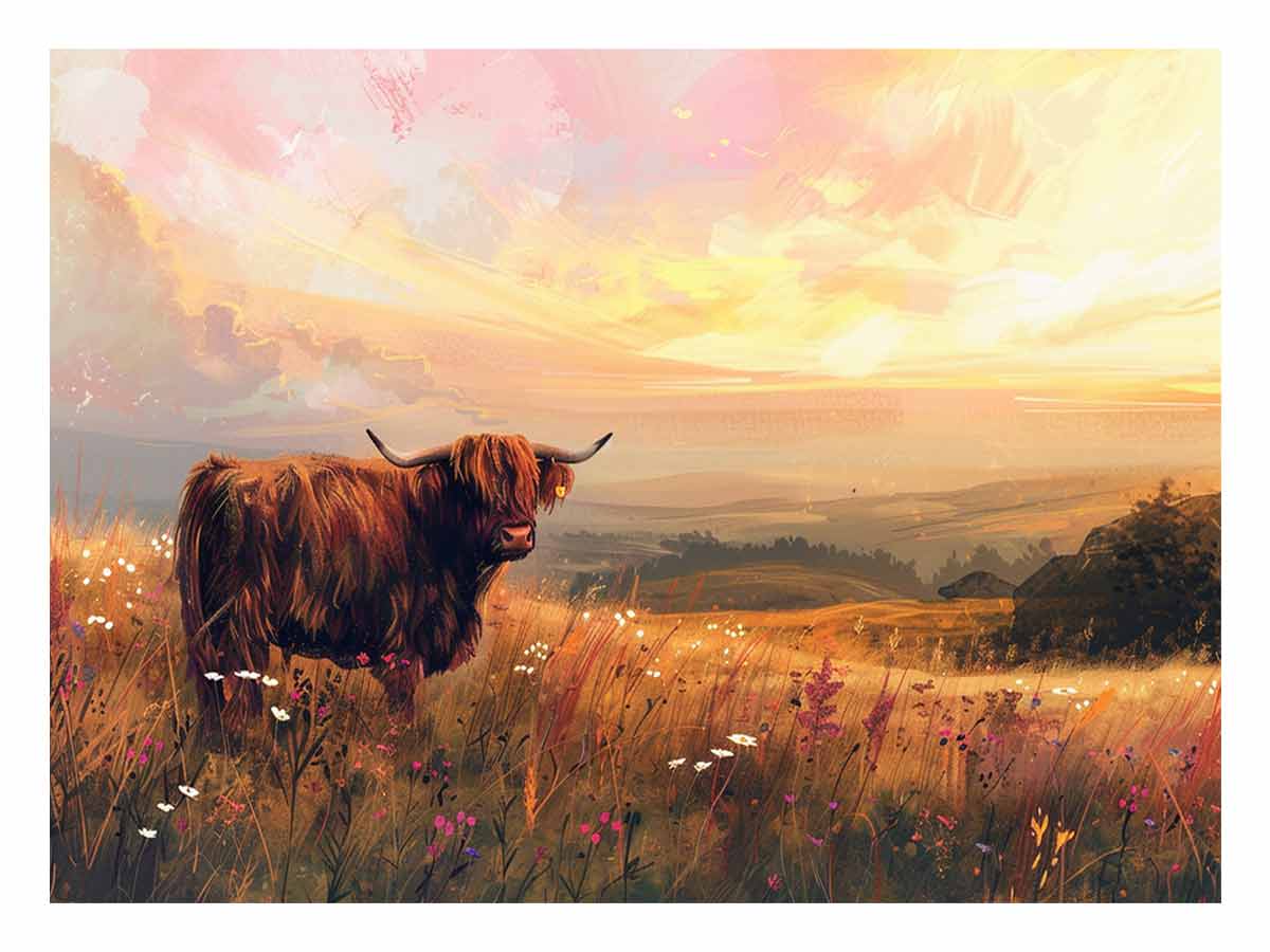 Highland cow in wildflower meadow with warm sunset hills for rustic farmhouse wall decor.