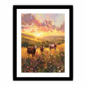 Three cows walking through golden wildflower meadow hills for warm farmhouse wall decor.