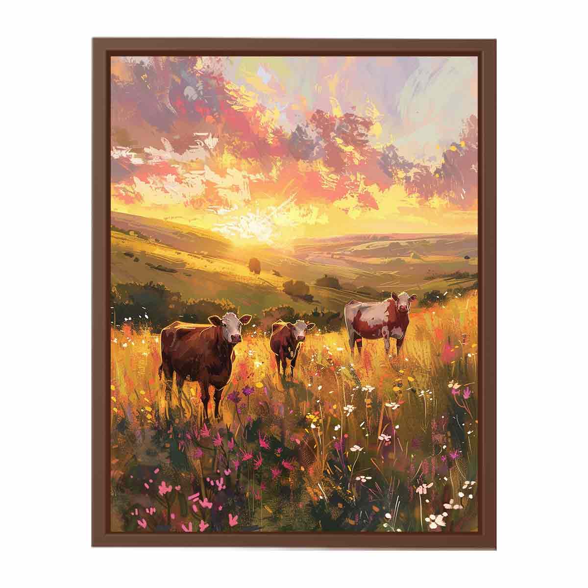 Three cows walking through golden wildflower meadow hills for warm farmhouse wall decor.