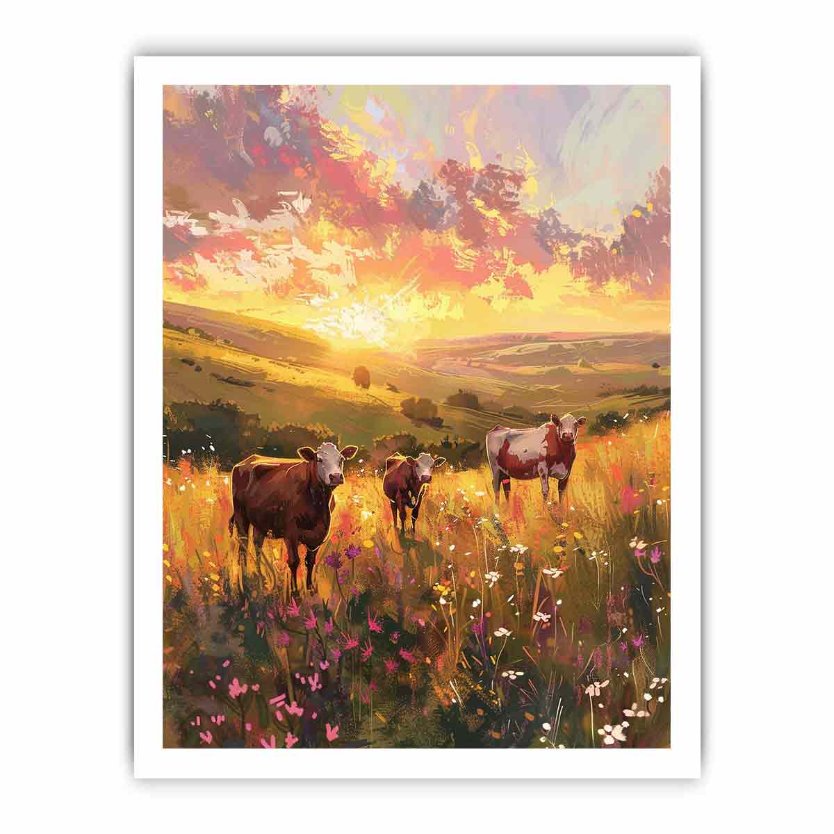 Three cows walking through golden wildflower meadow hills for warm farmhouse wall decor.