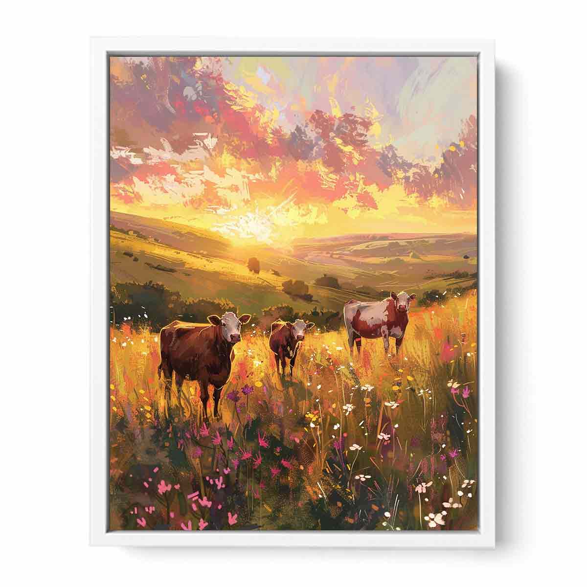 Three cows walking through golden wildflower meadow hills for warm farmhouse wall decor.