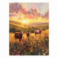 Three cows walking through golden wildflower meadow hills for warm farmhouse wall decor.