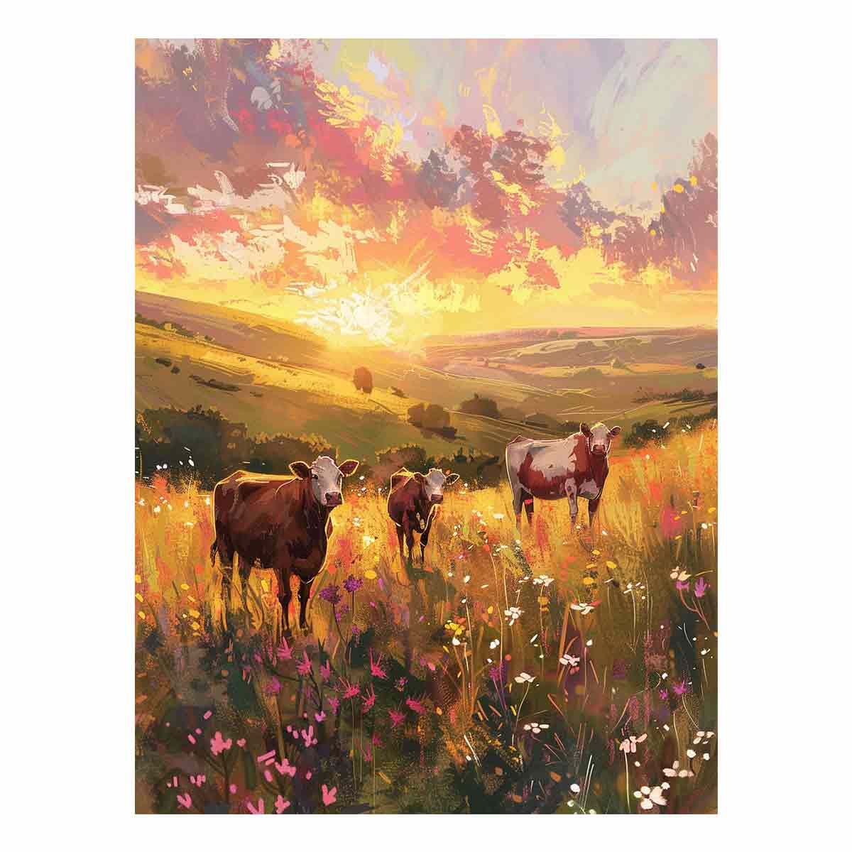 Three cows walking through golden wildflower meadow hills for warm farmhouse wall decor.