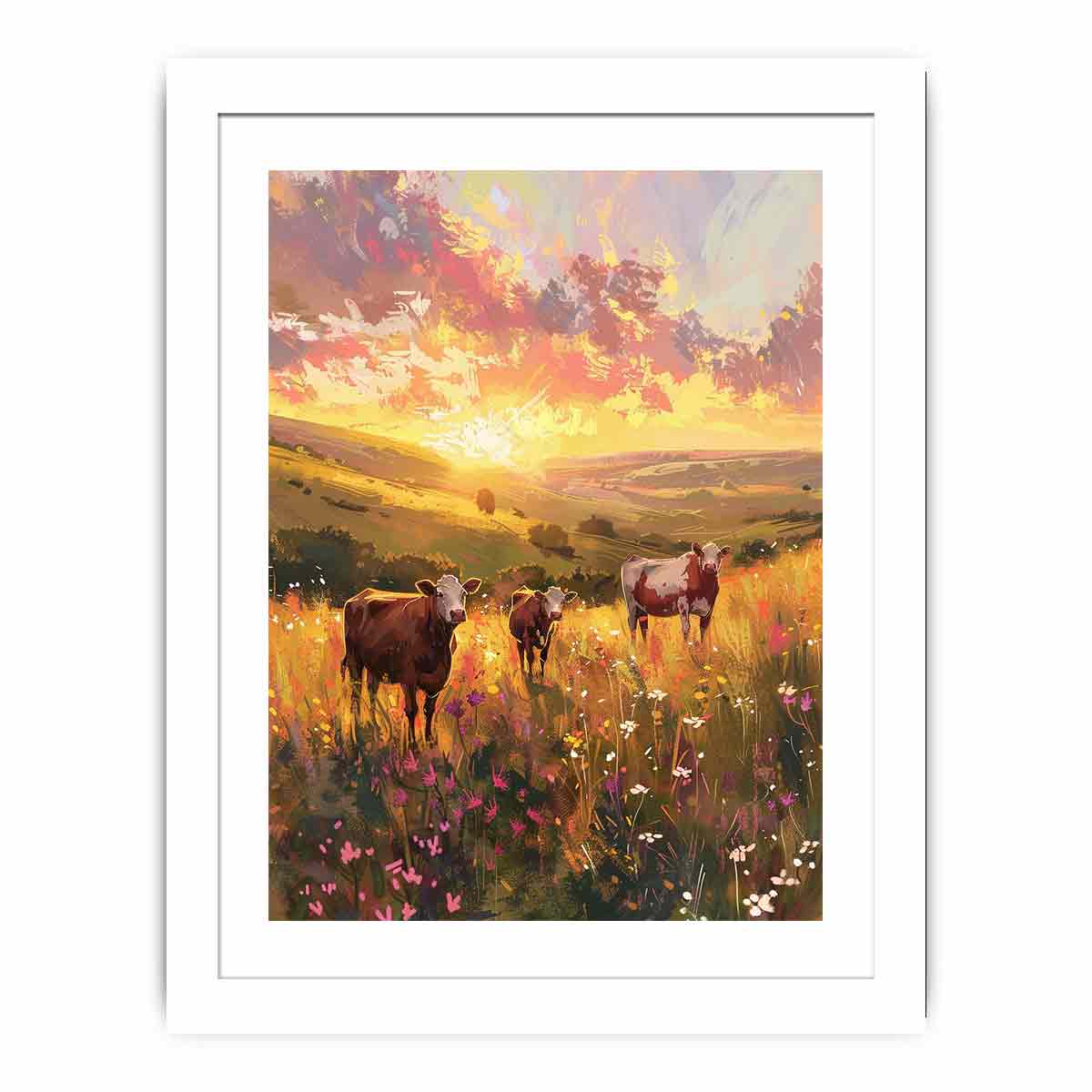 Three cows walking through golden wildflower meadow hills for warm farmhouse wall decor.