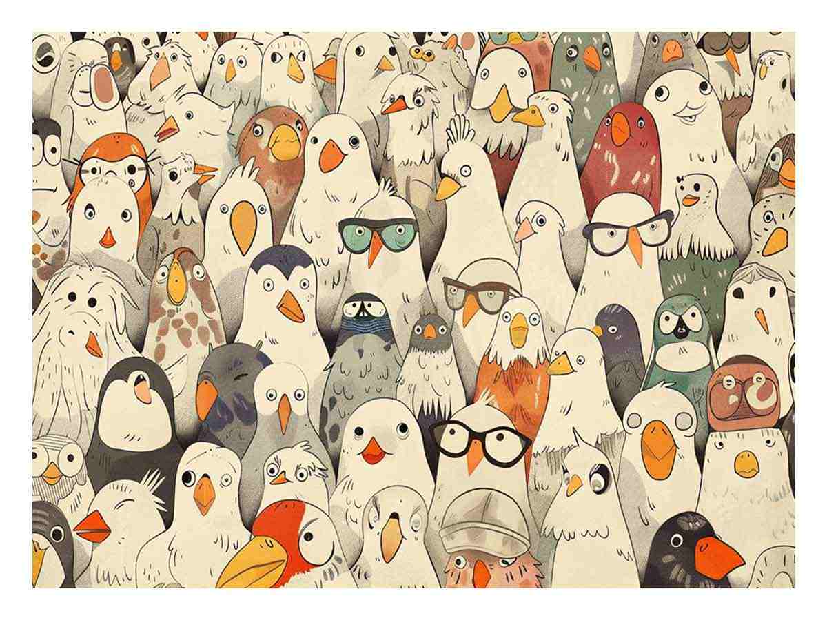 Whimsical illustrated birds with glasses and expressive faces for kids room or nursery wall decor.