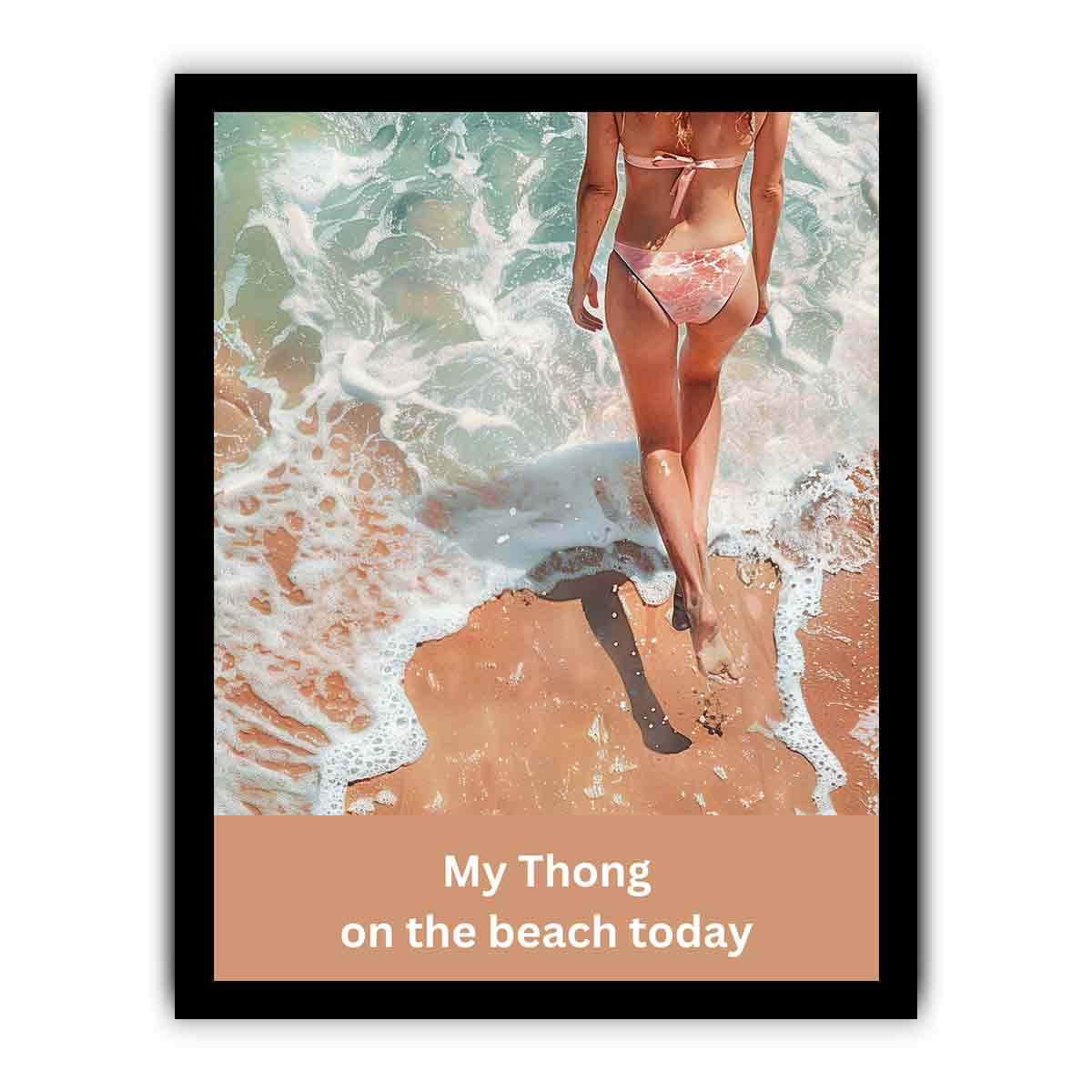 Woman walking on sandy beach with ocean foam and casual text for coastal bathroom decor.