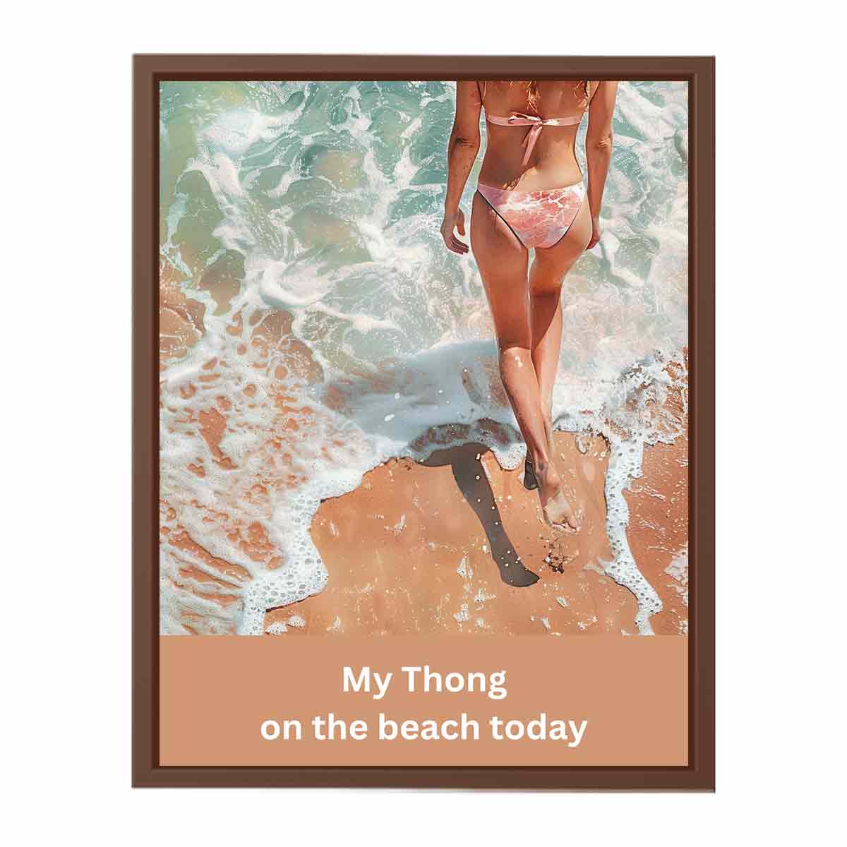 Woman walking on sandy beach with ocean foam and casual text for coastal bathroom decor.