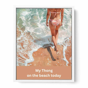 Woman walking on sandy beach with ocean foam and casual text for coastal bathroom decor.