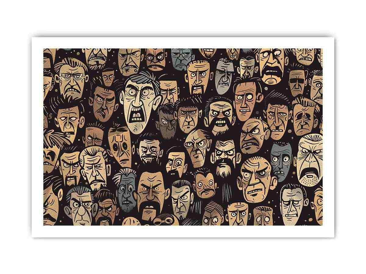 Graphic pattern of intense illustrated faces on dark background for edgy modern wall decor.