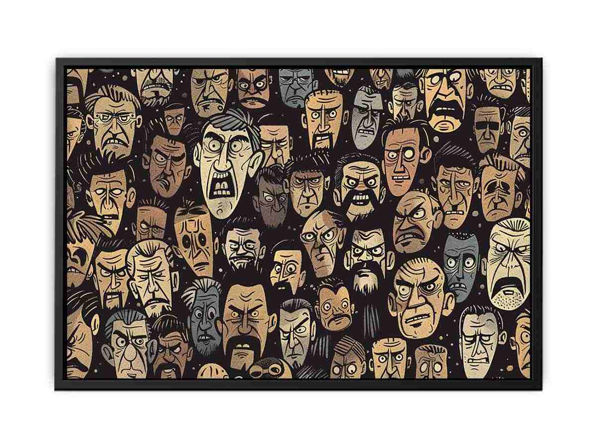 Graphic pattern of intense illustrated faces on dark background for edgy modern wall decor.