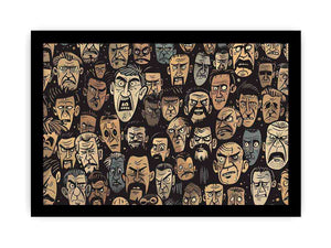 Graphic pattern of intense illustrated faces on dark background for edgy modern wall decor.
