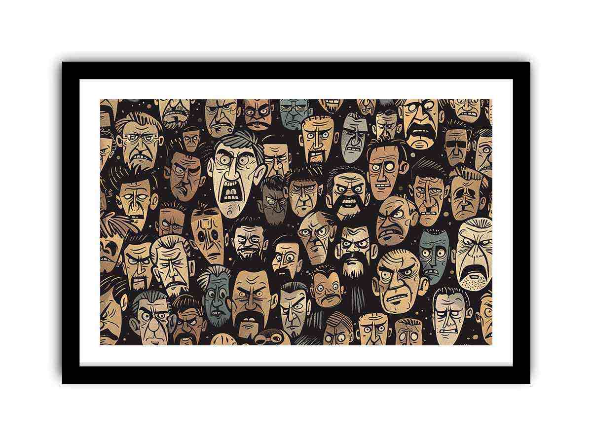 Graphic pattern of intense illustrated faces on dark background for edgy modern wall decor.