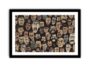 Graphic pattern of intense illustrated faces on dark background for edgy modern wall decor.