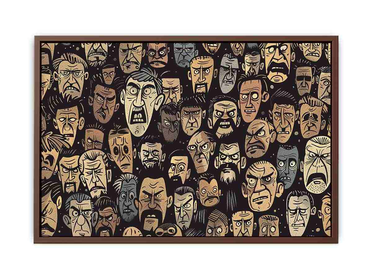 Graphic pattern of intense illustrated faces on dark background for edgy modern wall decor.