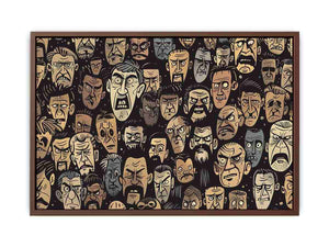 Graphic pattern of intense illustrated faces on dark background for edgy modern wall decor.