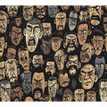 Graphic pattern of intense illustrated faces on dark background for edgy modern wall decor.