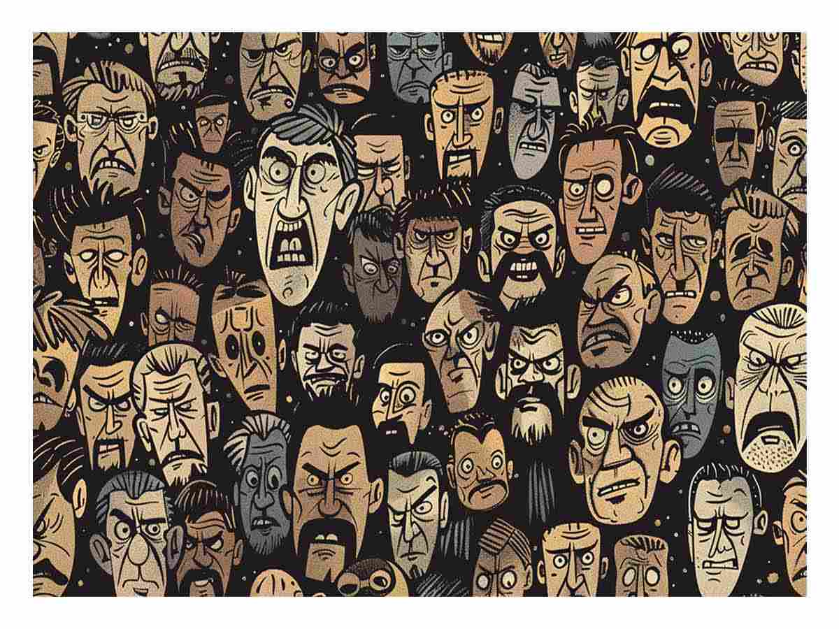 Graphic pattern of intense illustrated faces on dark background for edgy modern wall decor.