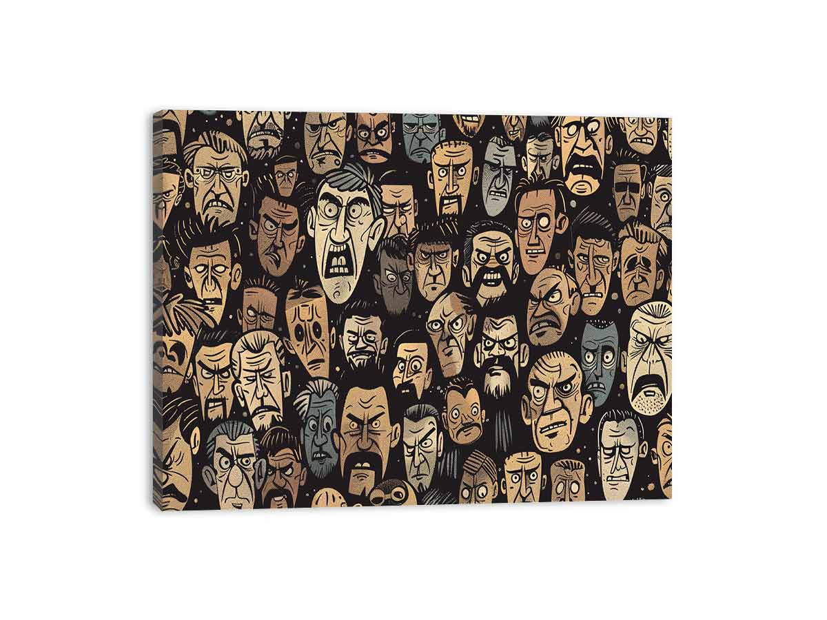 Graphic pattern of intense illustrated faces on dark background for edgy modern wall decor.
