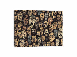 Graphic pattern of intense illustrated faces on dark background for edgy modern wall decor.