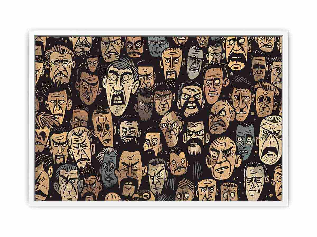 Graphic pattern of intense illustrated faces on dark background for edgy modern wall decor.