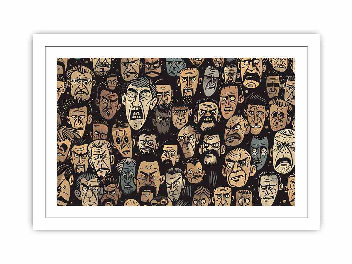 Graphic pattern of intense illustrated faces on dark background for edgy modern wall decor.