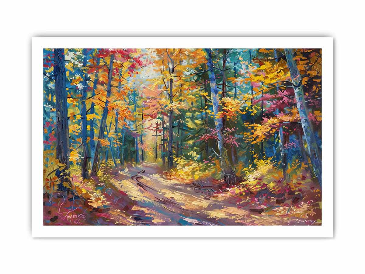 Colorful autumn forest canvas art with woodland path for modern living room decor.
