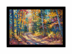 Colorful autumn forest canvas art with woodland path for modern living room decor.
