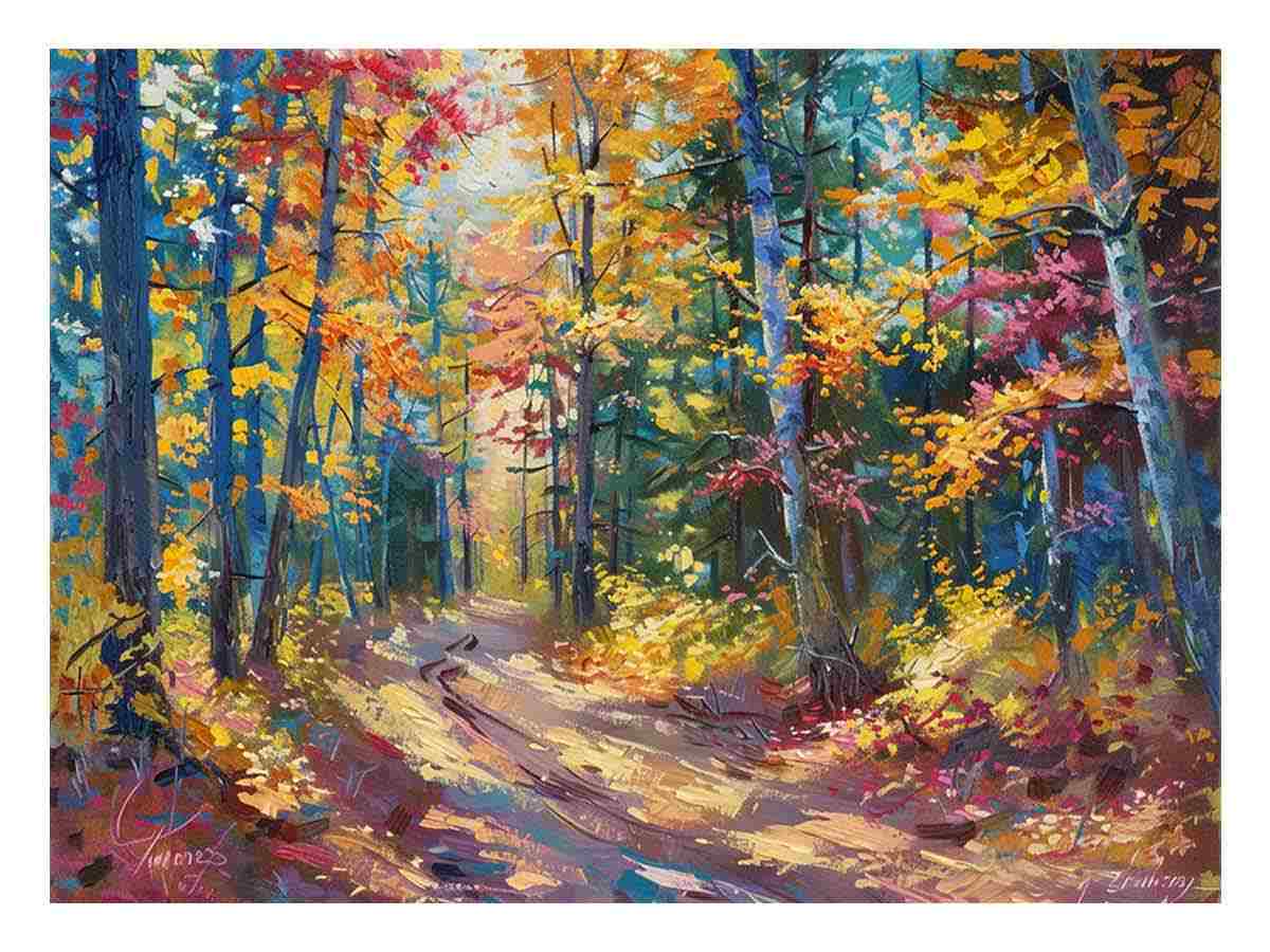 Colorful autumn forest canvas art with woodland path for modern living room decor.