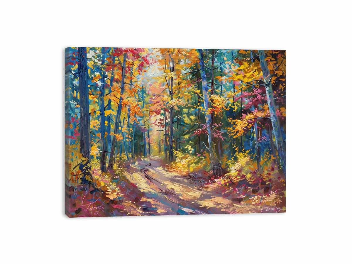 Colorful autumn forest canvas art with woodland path for modern living room decor.