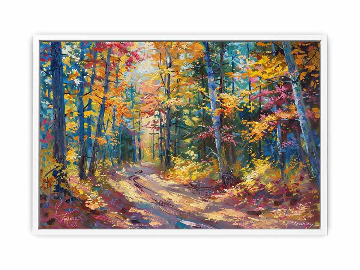 Colorful autumn forest canvas art with woodland path for modern living room decor.