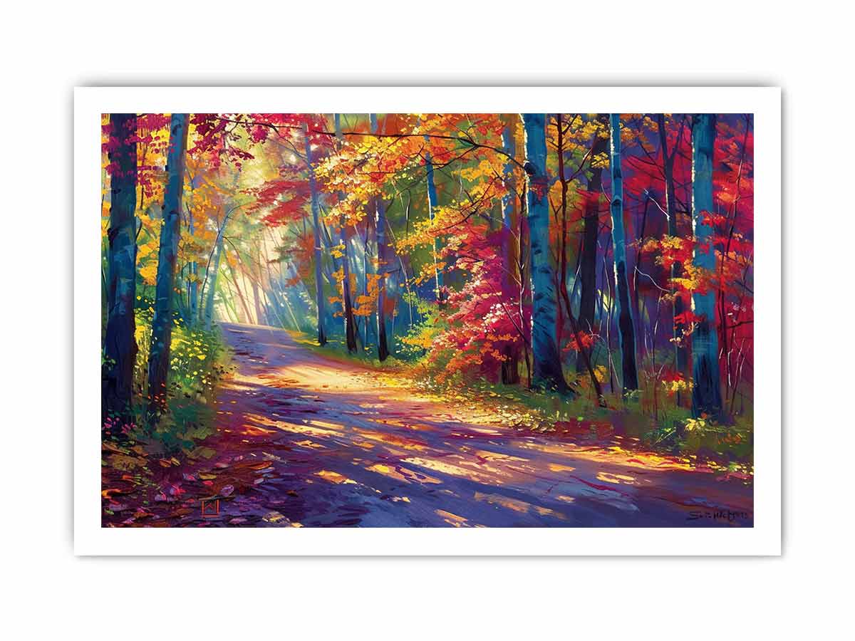 Sunlit autumn forest road canvas art with red leaves for modern living room decor.