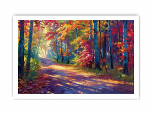 Sunlit autumn forest road canvas art with red leaves for modern living room decor.