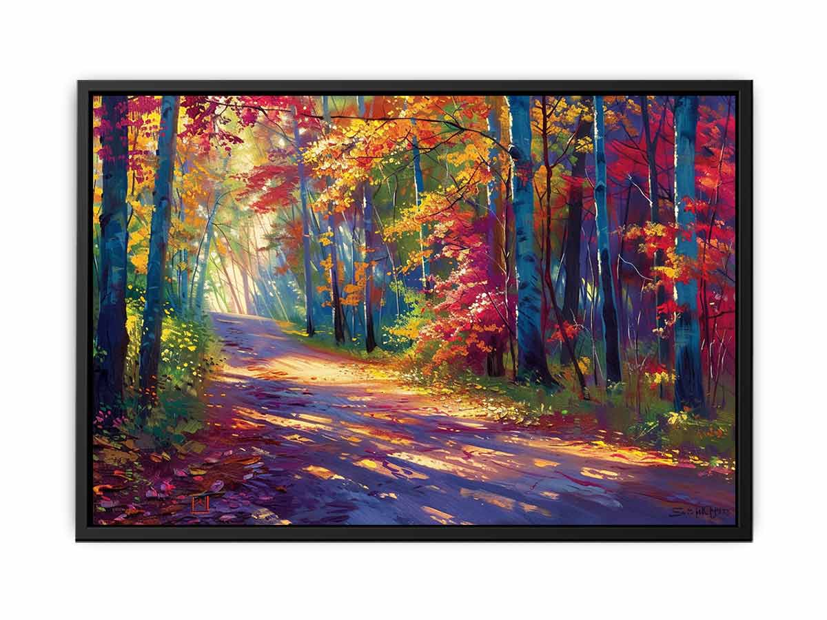 Sunlit autumn forest road canvas art with red leaves for modern living room decor.