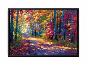 Sunlit autumn forest road canvas art with red leaves for modern living room decor.