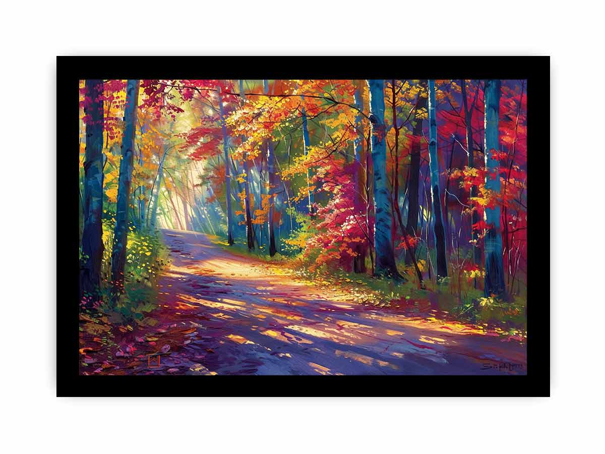 Sunlit autumn forest road canvas art with red leaves for modern living room decor.