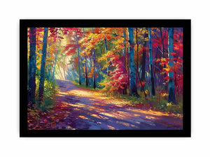 Sunlit autumn forest road canvas art with red leaves for modern living room decor.