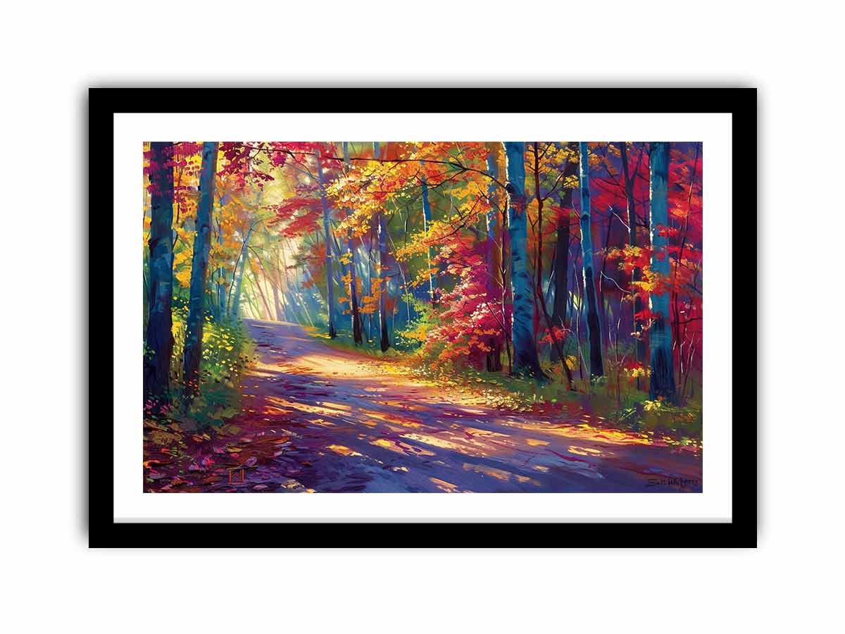 Sunlit autumn forest road canvas art with red leaves for modern living room decor.