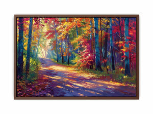 Sunlit autumn forest road canvas art with red leaves for modern living room decor.