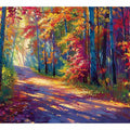 Sunlit autumn forest road canvas art with red leaves for modern living room decor.