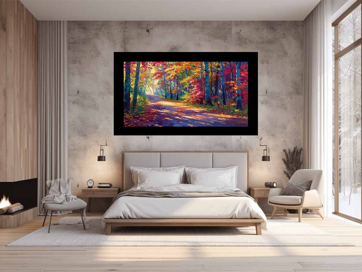 Sunlit autumn forest road canvas art with red leaves for modern living room decor.