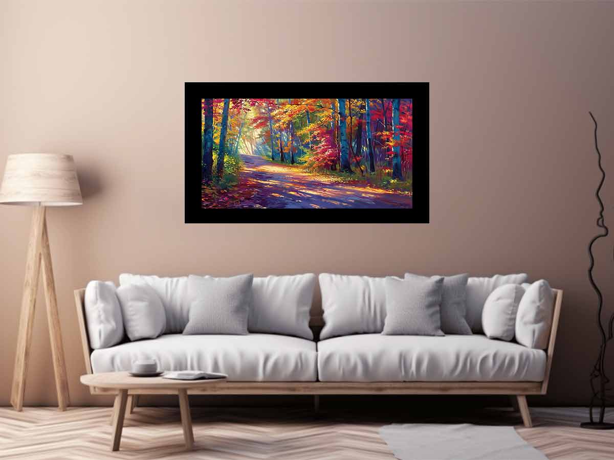 Sunlit autumn forest road canvas art with red leaves for modern living room decor.