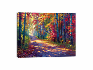 Sunlit autumn forest road canvas art with red leaves for modern living room decor.