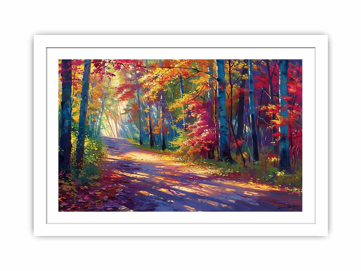 Sunlit autumn forest road canvas art with red leaves for modern living room decor.