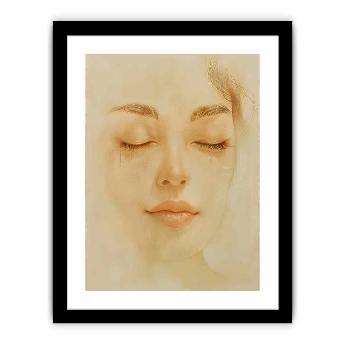 Soft feminine portrait canvas art with closed eyes for calming bedroom decor.