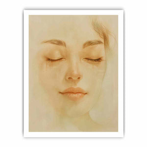 Soft feminine portrait canvas art with closed eyes for calming bedroom decor.
