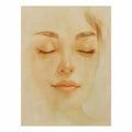 Soft feminine portrait canvas art with closed eyes for calming bedroom decor.