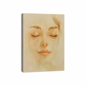 Soft feminine portrait canvas art with closed eyes for calming bedroom decor.